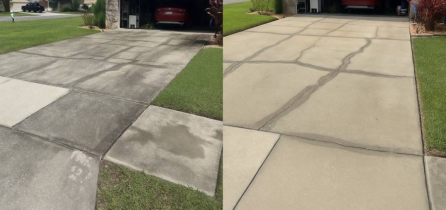 Concrete driveway pressure washing Orlando FL before after