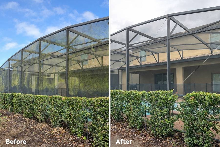 Pool screen enclosure cleaning before and after Orlando FL