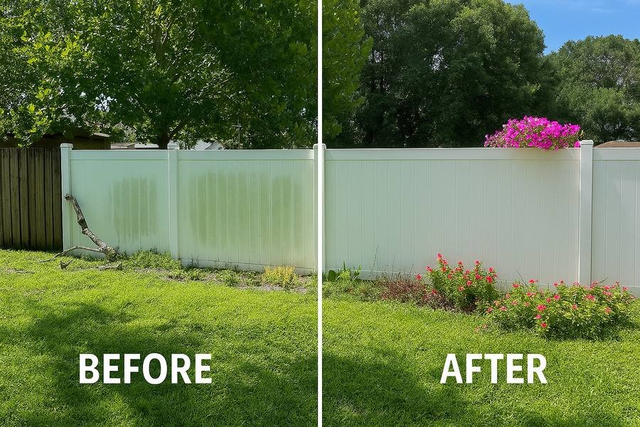 Vinyl fence soft wash before and after Orlando FL