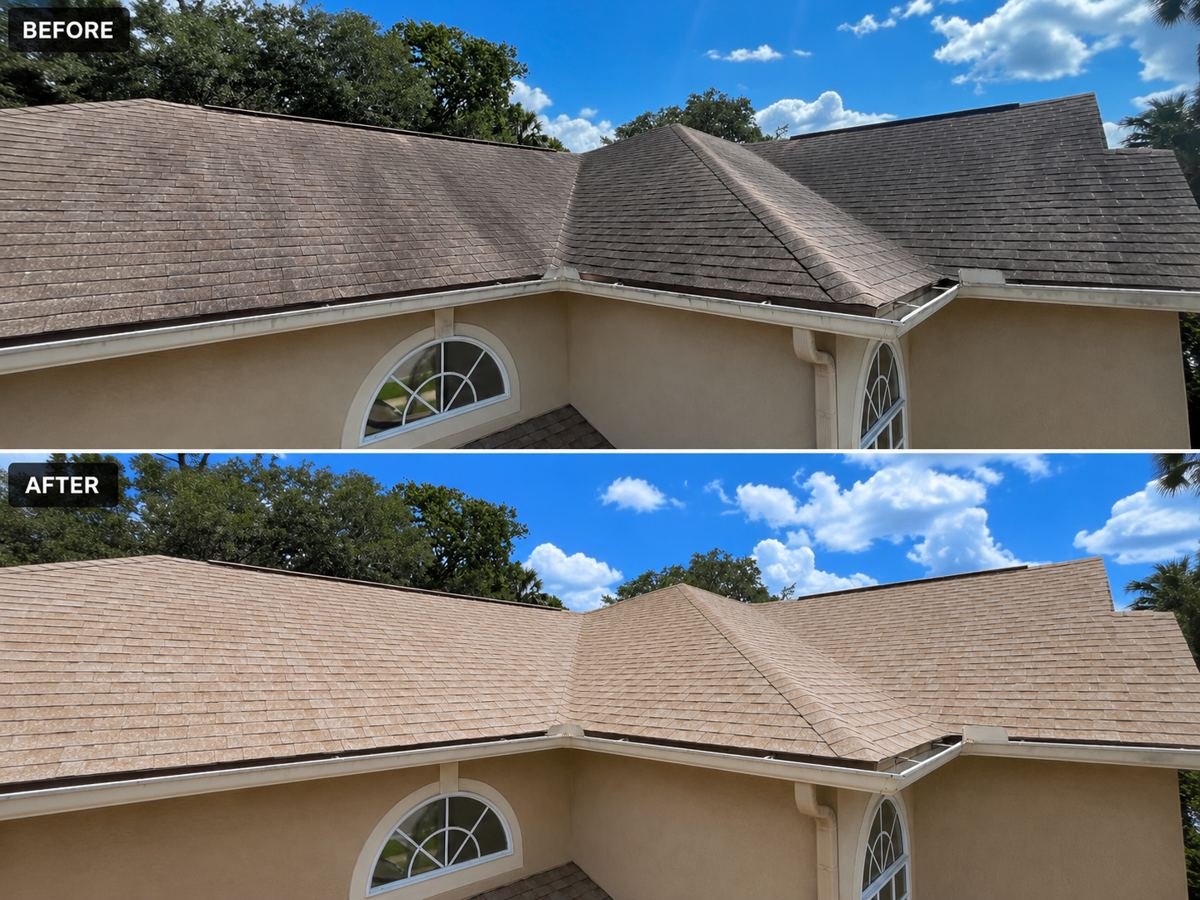 Before and after roof soft wash on an Orlando gable shingle roof, black streaks gone and original shingle color restored