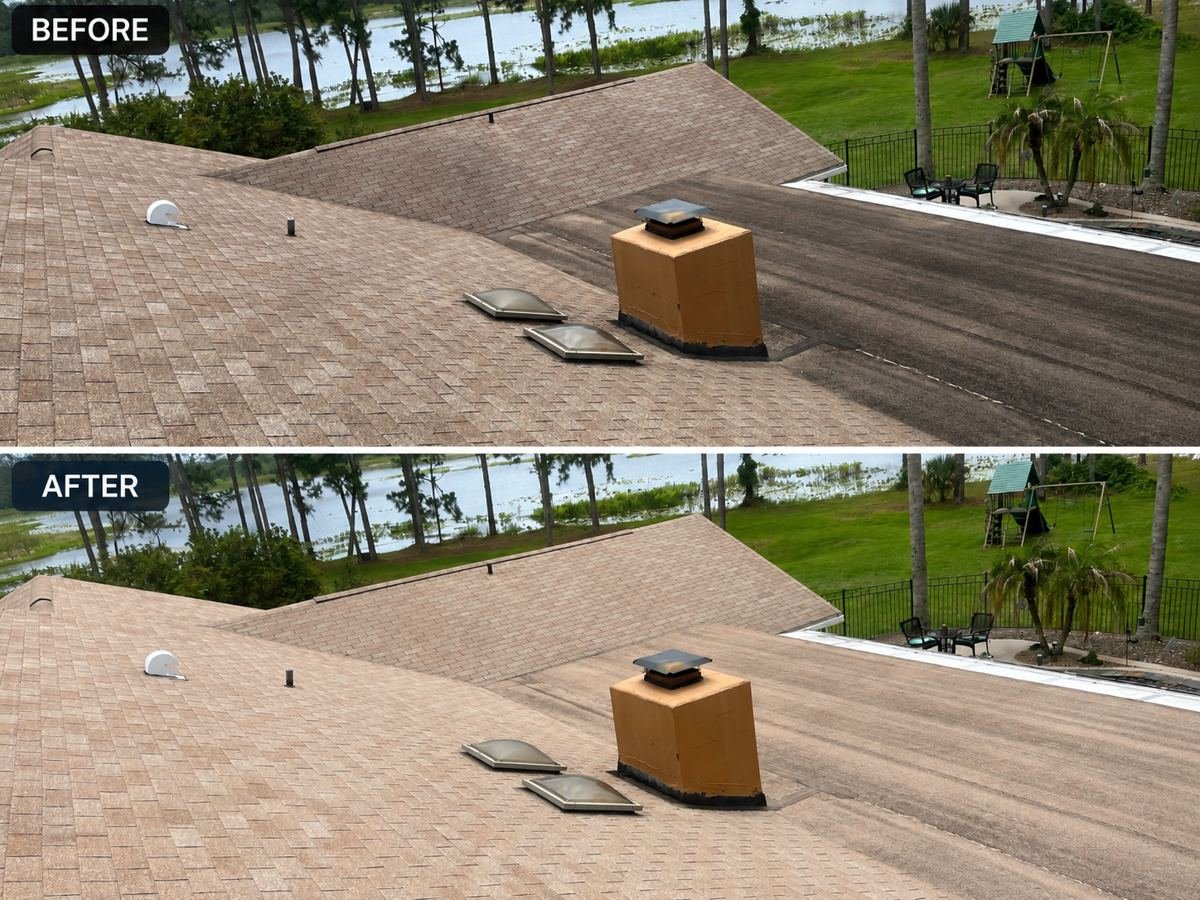 Before and after soft wash of a lakefront Central Florida shingle roof with skylights, showing dark algae staining removed from the low-slope section