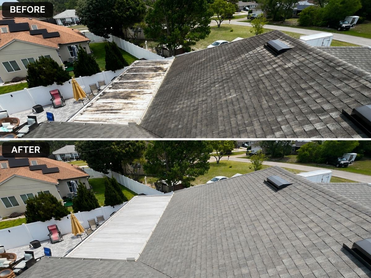 Before and after roof soft wash on an Orlando home: dark shingle roof and a flat porch roof covered in black algae streaks, then clean after a low-pressure soft wash